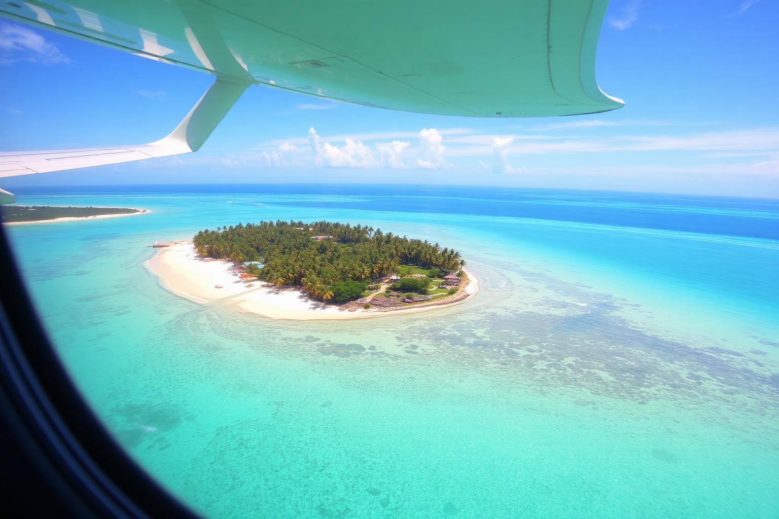 View of a tropical island from an aircraft window